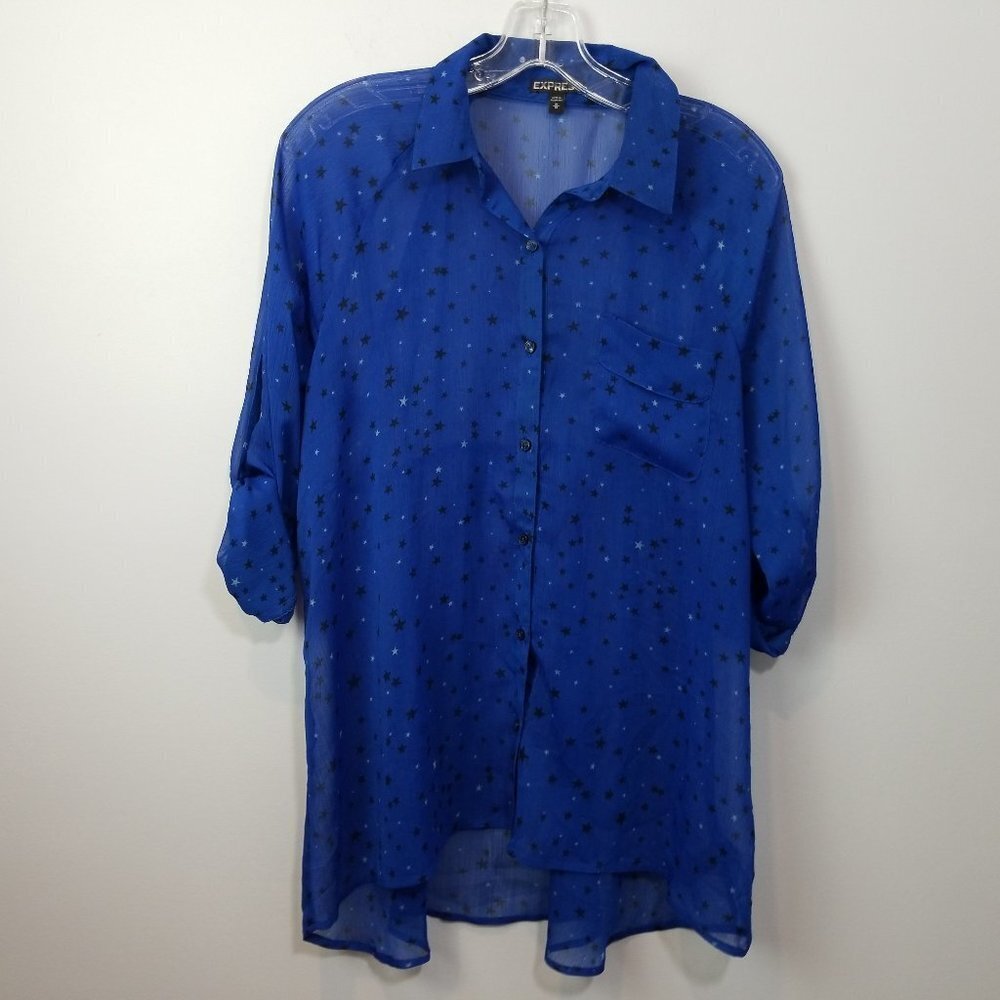 Express Blue Sheer Button Downblouse With Black S… - image 2
